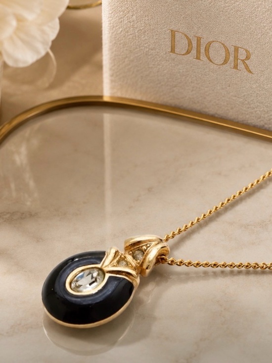 Dior Jewelry - DIOR Black Enamel and Rhinestone Embellished Pendant Necklace
